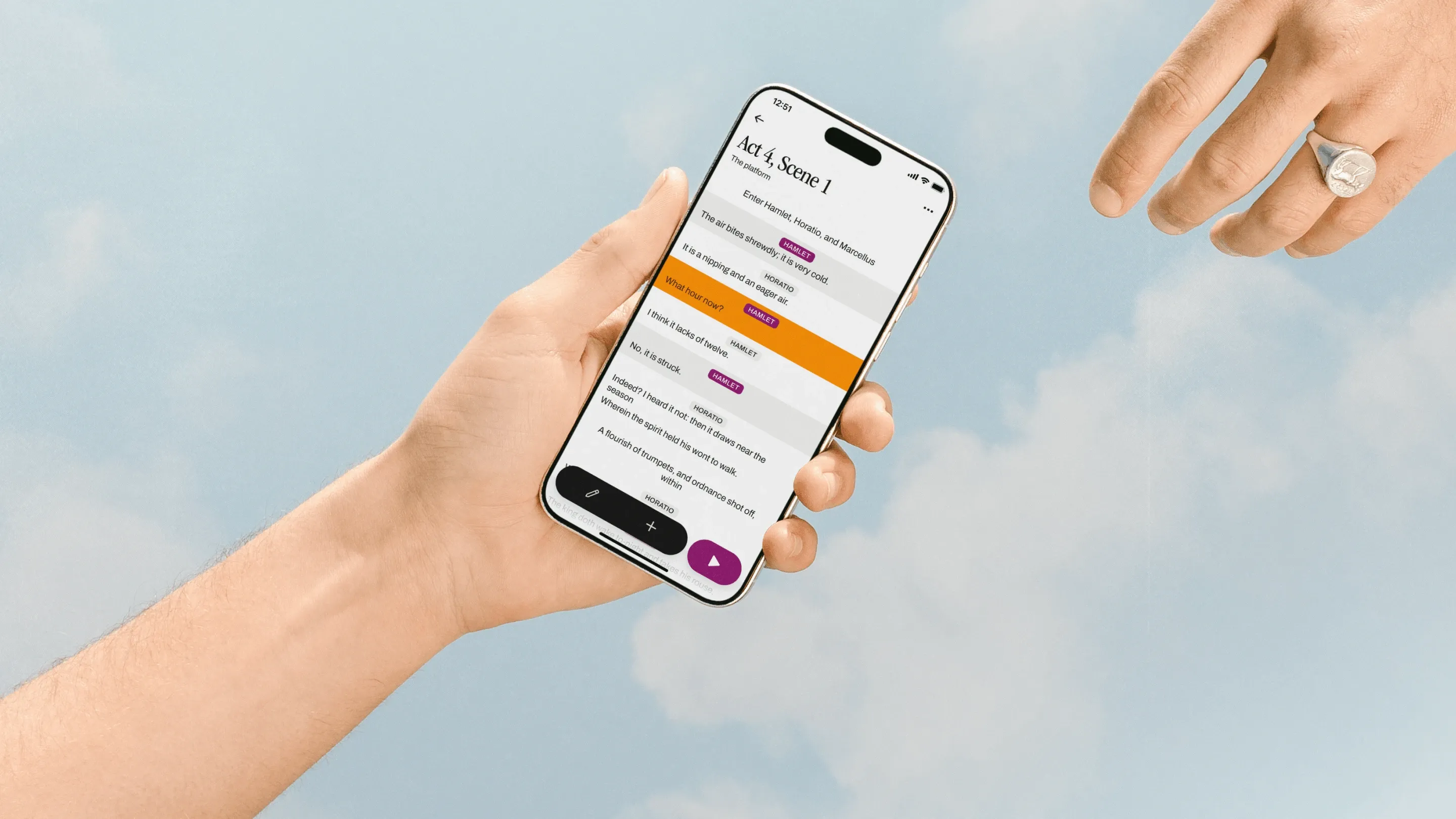 A hand holding up the Horatio iPhone app